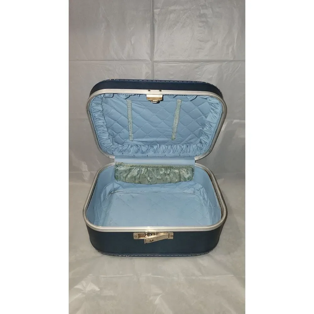 Vintage Blue 2 Piece Nesting Luggage Set with Train Case Mid Century